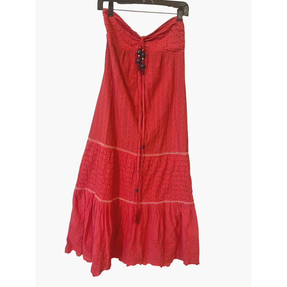 Flying Tomato Red Eyelet Cotton Strapless Maxi Dress Boho Tiered Beaded M hippie
